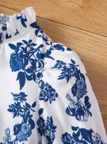 SHEIN 小女童印花荷葉袖褶邊領襯衫和假鈕扣長褲 - 藍白色 - 查看 3