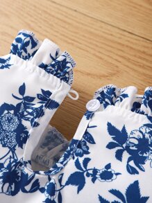 SHEIN 小女童印花荷葉袖褶邊領襯衫和假鈕扣長褲 - 藍白色 - 查看 5