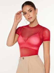 SHEIN BAE 透視網紗上衣不附胸罩 - 紅色 - 查看 1