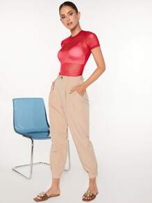 SHEIN BAE 透視網紗上衣不附胸罩 - 紅色 - 查看 4