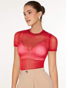 SHEIN BAE 透視網紗上衣不附胸罩 - 紅色 - 查看 5