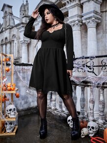 ROMWE PUNK Plus Scallop Trim Sweetheart Neck Dress - Black - View 5