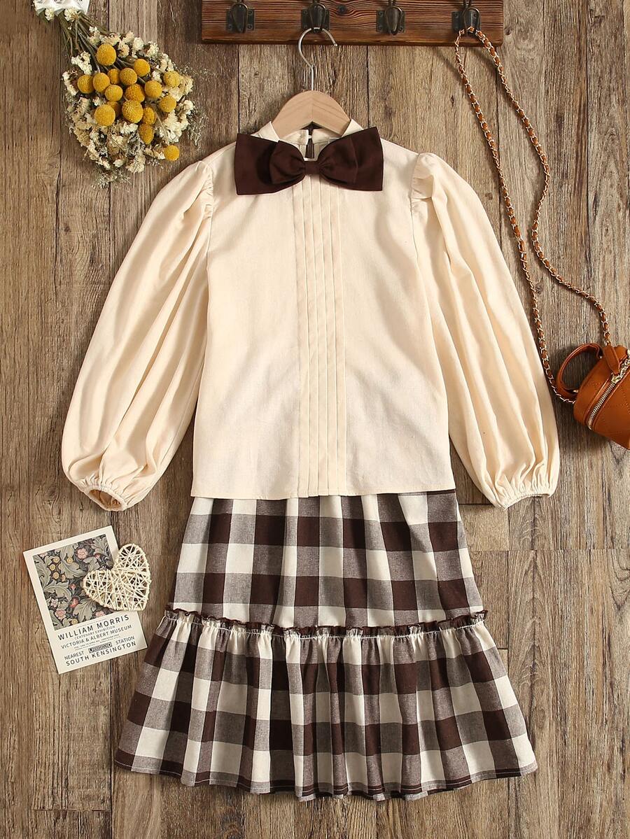 SHEIN Girls Bow Front Blouse & Plaid Print Ruffle Hem Skirt - Multicolor - View 1