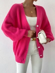 SHEIN LUNE 落肩袖前紐扣開襟衫 - 玫紅色 - 查看 1