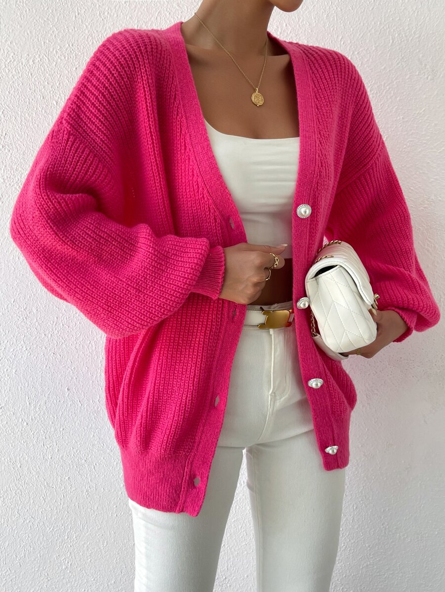 SHEIN LUNE 落肩袖前紐扣開襟衫 - 玫紅色 - 查看 1