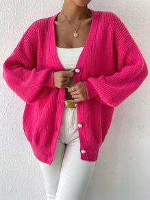 SHEIN LUNE 落肩袖前紐扣開襟衫 - 玫紅色 - 查看 6