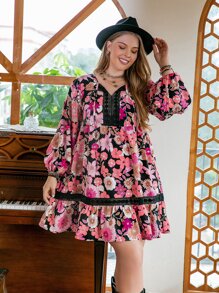 Vestido smock floral de cuello con cordón - Multicolor - Ver 1