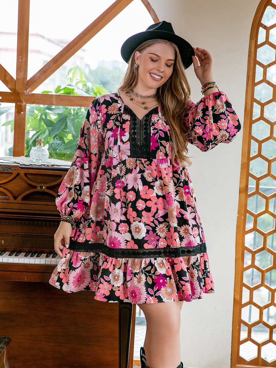 Vestido smock floral de cuello con cordón - Multicolor - Ver 1