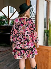 Vestido smock floral de cuello con cordón - Multicolor - Ver 2