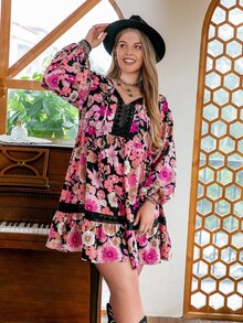 Vestido smock floral de cuello con cordón - Multicolor - Ver 4