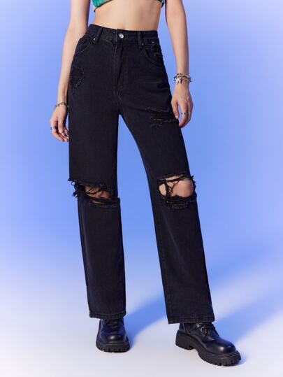 بنطلون جينز بساق مستقيم وممزق بخصر عالي
