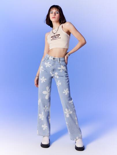 Floral Print Straight Leg Jeans