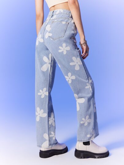 Floral Print Straight Leg Jeans