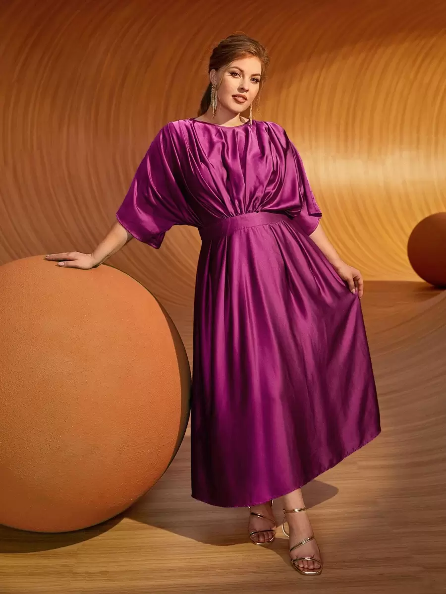 Modelyn Vestido fruncido con cremallera trasera de manga murciélago - Morado - Ver 1