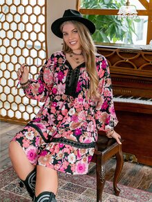 Vestido smock floral de cuello con cordón - Multicolor - Ver 6