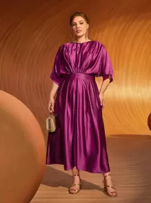Modelyn Vestido fruncido con cremallera trasera de manga murciélago - Morado - Ver 2