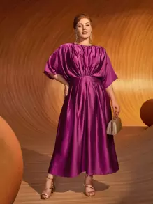 Modelyn Vestido fruncido con cremallera trasera de manga murciélago - Morado - Ver 4