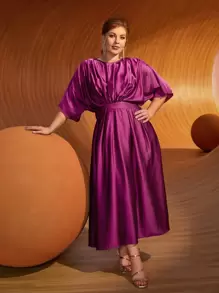 Modelyn Vestido fruncido con cremallera trasera de manga murciélago - Morado - Ver 5