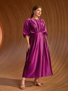 Modelyn Vestido fruncido con cremallera trasera de manga murciélago - Morado - Ver 6