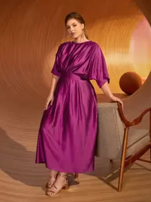 Modelyn Vestido fruncido con cremallera trasera de manga murciélago - Morado - Ver 7