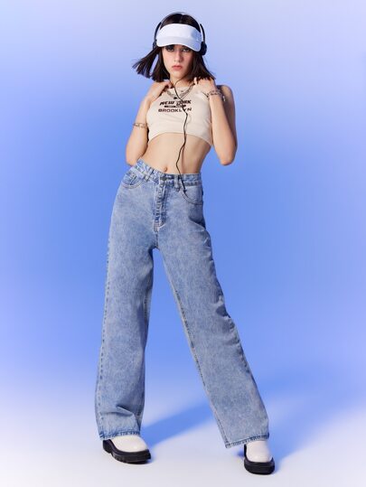 بنطلون جينز غسيل الحمض ساق عريضة