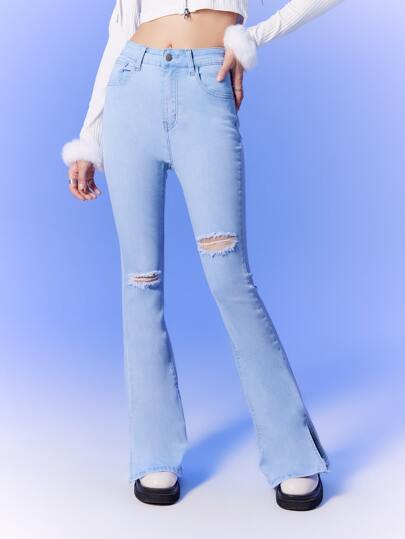 بنطلون جينز بساق واسع من الاسفل ممزق وبخصر عالي