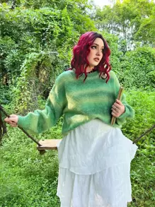 ROMWE PUNK Plus Grunge Ombre Drop Shoulder Sweater - Green - View 1