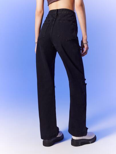 Bleach Wash Ripped Detail Butterfly Jeans