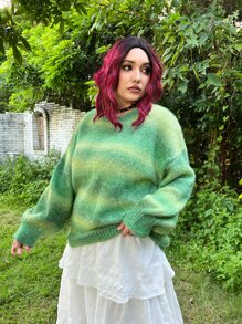 ROMWE PUNK Plus Grunge Ombre Drop Shoulder Sweater - Green - View 2