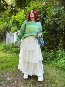 ROMWE PUNK Plus Grunge Ombre Drop Shoulder Sweater - Green - View 6