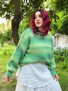 ROMWE PUNK Plus Grunge Ombre Drop Shoulder Sweater - Green - View 4