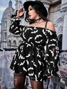 ROMWE PUNK 大碼蝙蝠圖案一字肩側打結荷葉袖連身短褲 - 黑與白 - 查看 1