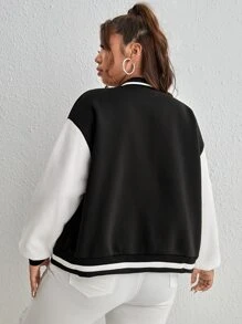 CovetEZ 大碼字母貼布條紋飾邊落肩袖學院風夾克 - 黑與白 - 查看 2