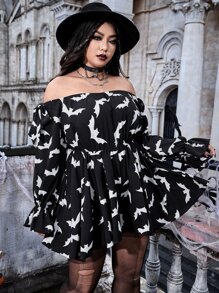 ROMWE PUNK 大碼蝙蝠圖案一字肩側打結荷葉袖連身短褲 - 黑與白 - 查看 4