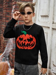 SHEIN Boys Halloween Pumpkin Pattern Jumper - Black - View 6