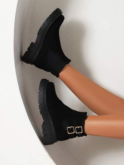 Suedette Buckle Decor Slip-On Chelsea Boots