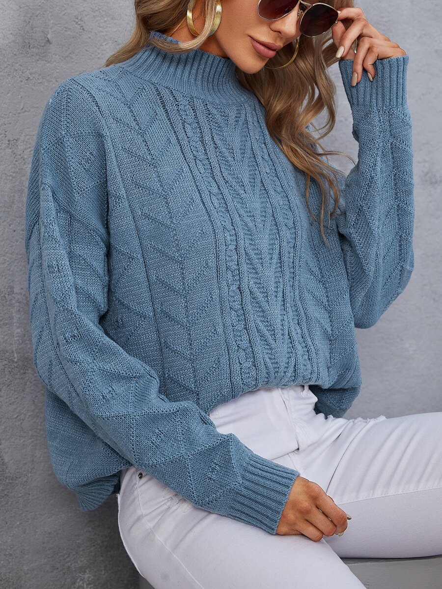 SHEIN Frenchy Jersey de cuello alto tejido de cable de hombros caídos - Neblina azul - Ver 1