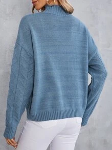 SHEIN Frenchy Jersey de cuello alto tejido de cable de hombros caídos - Neblina azul - Ver 2