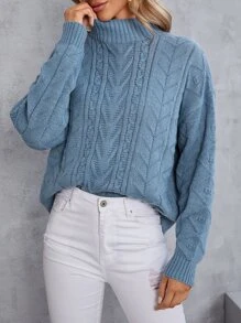 SHEIN Frenchy Jersey de cuello alto tejido de cable de hombros caídos - Neblina azul - Ver 3