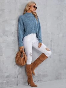SHEIN Frenchy Jersey de cuello alto tejido de cable de hombros caídos - Neblina azul - Ver 4
