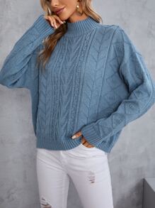 SHEIN Frenchy Jersey de cuello alto tejido de cable de hombros caídos - Neblina azul - Ver 5