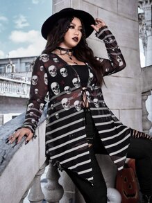 ROMWE PUNK Plus Halloween Print Striped Mesh Tie Front Top - Black and White - View 4