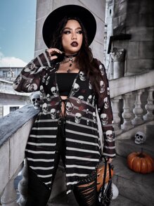 ROMWE PUNK Plus Halloween Print Striped Mesh Tie Front Top - Black and White - View 1