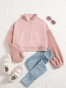 SHEIN EZwear Teddy Panel Drop Shoulder Sweatshirt - Baby Pink - View 1