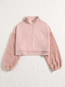 SHEIN EZwear Teddy Panel Drop Shoulder Sweatshirt - Baby Pink - View 5