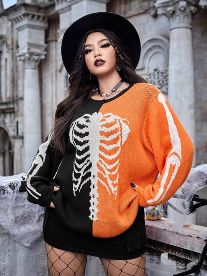 Pull bicolore à motif squelette