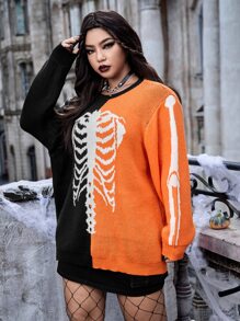 ROMWE PUNK Pull bicolore à motif squelette