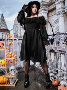 ROMWE PUNK Plus Off Shoulder Fringe Trim Contrast Lace Flounce Sleeve Dress - Black - View 3