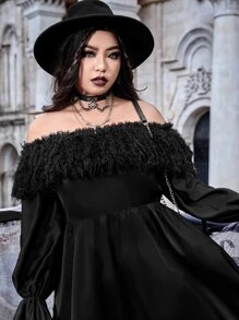 ROMWE PUNK Plus Off Shoulder Fringe Trim Contrast Lace Flounce Sleeve Dress - Black - View 4