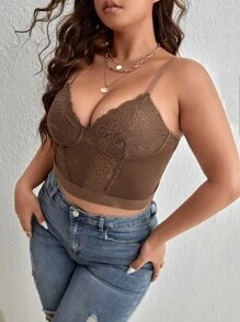 SHEIN SXY 大碼蕾絲拼接緊身吊帶 - 咖啡棕 - 查看 4